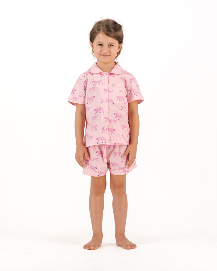 Girls Short Pyjamas - Pink Cheetahs on Pink