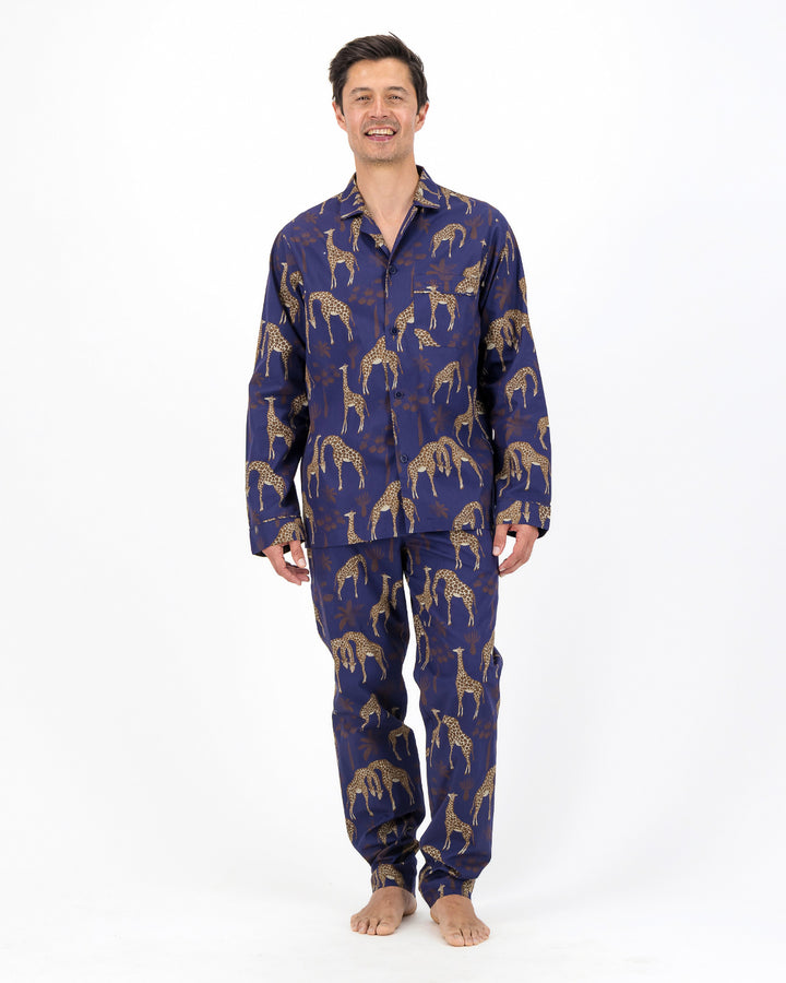 Mens Long Pyjamas - Brown Giraffes on Navy