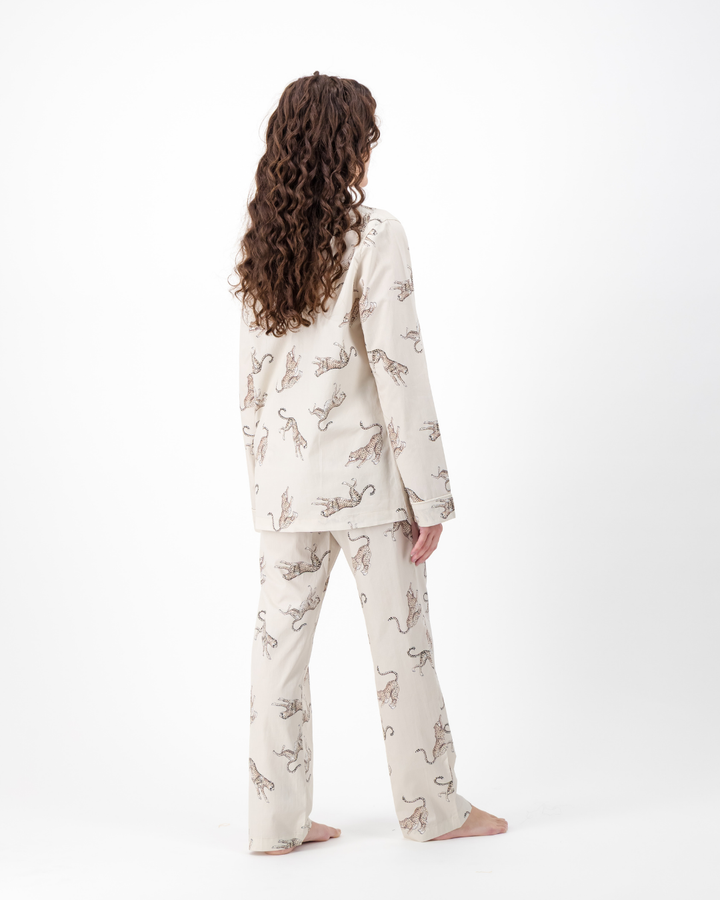 Womens Long Pyjamas - Jumping Cheetah on Beige