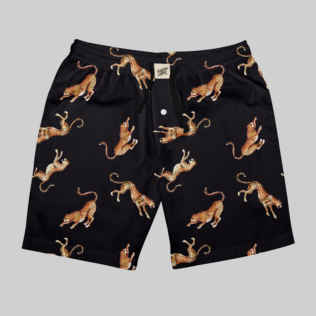 Mens Lounge Shorts - Jumping Cheetah on Charcoal