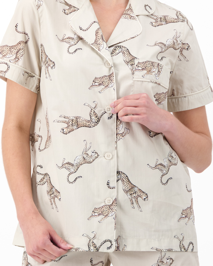 Womens Short Pyjamas - Jumping Cheetah on Beige