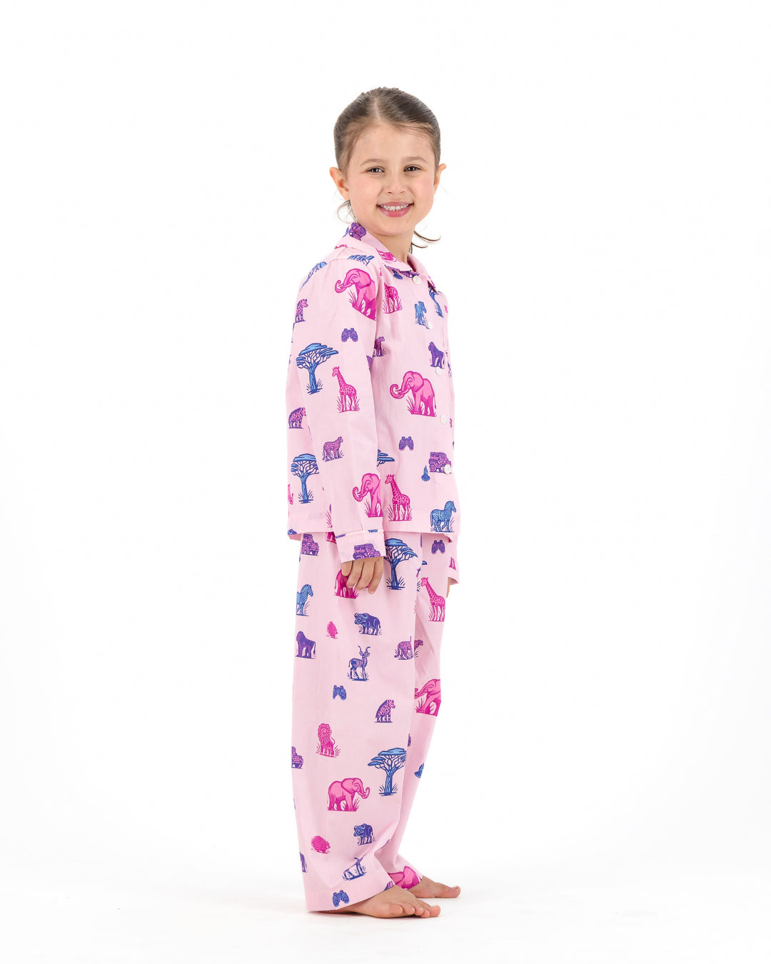 Girls Long Pyjamas - Safari Animals on Pink