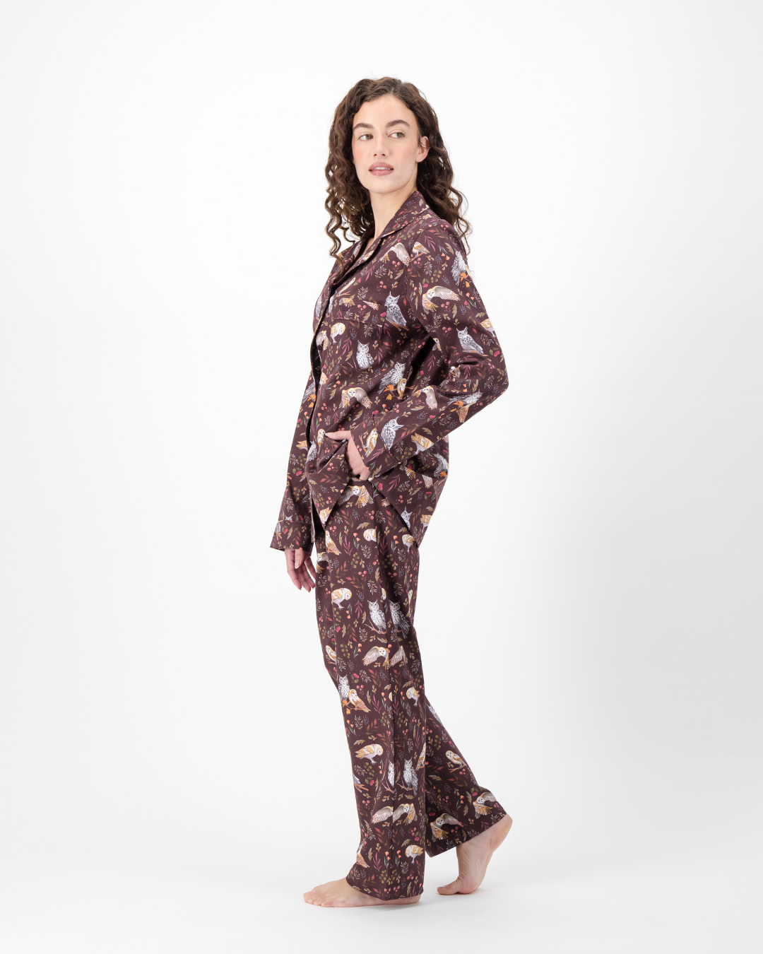 Womens Long Pyjamas - Owls on Burgundy