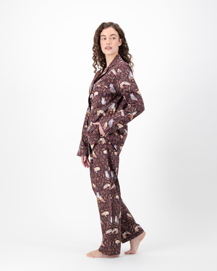 Womens Long Pyjamas - Owls on Burgundy