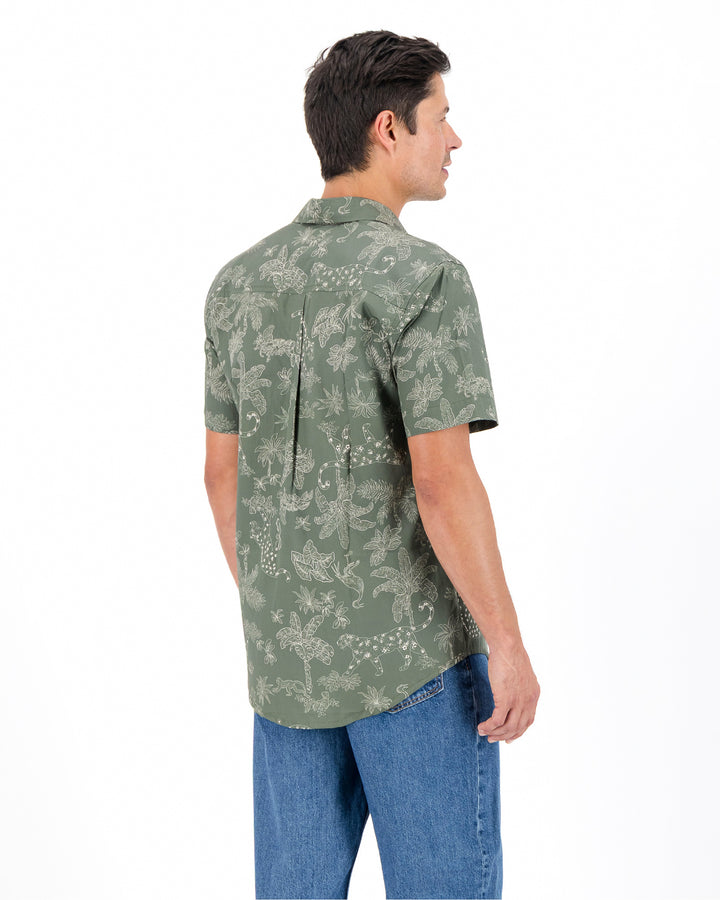 Mens Holiday Shirt - Tropical Leopard on Olive