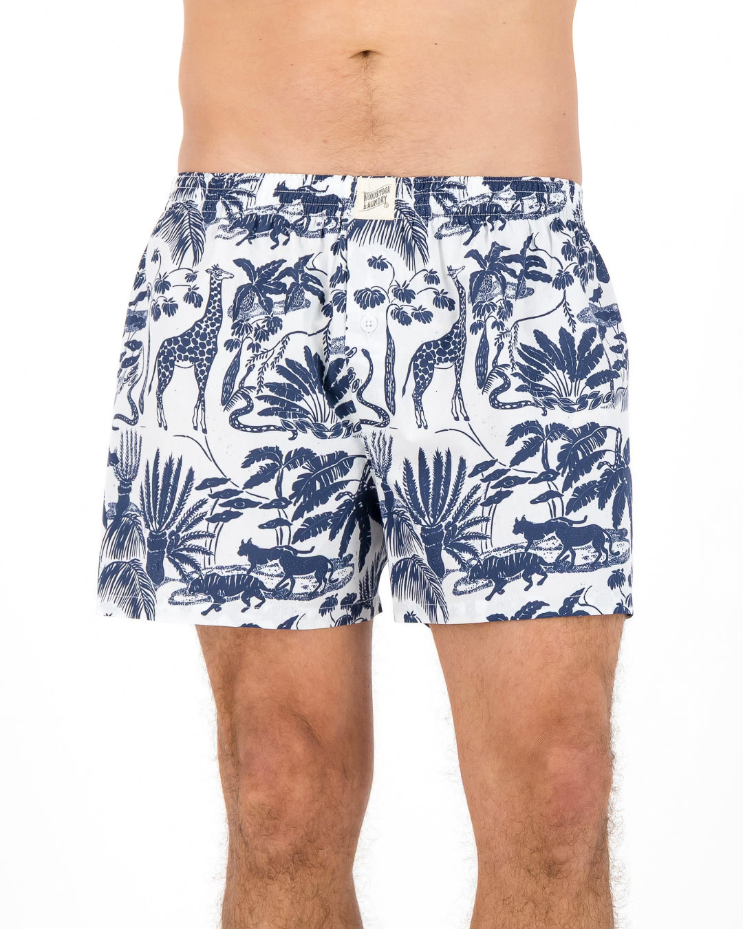 Mens Boxer Shorts - Navy Mono Safari on White