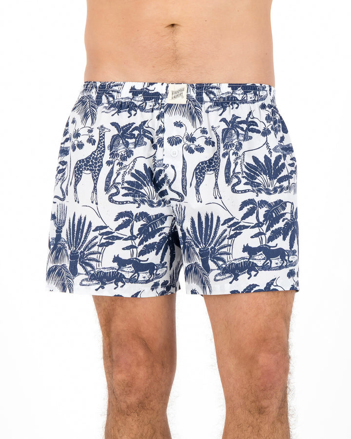 Mens Boxer Shorts - Navy Mono Safari on White