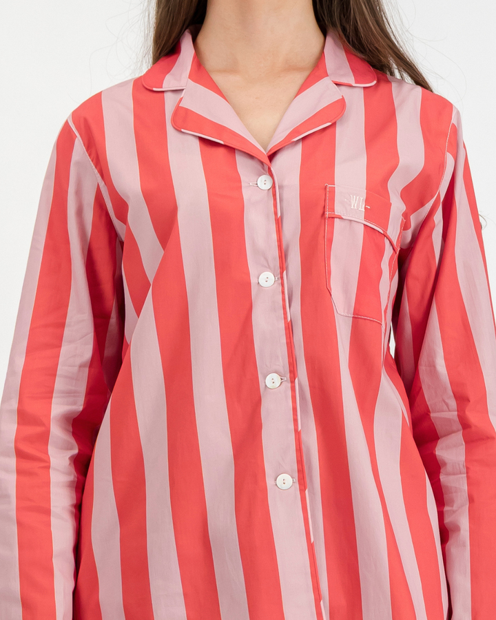 Womens Long Pyjamas - Pink Stripe on Red