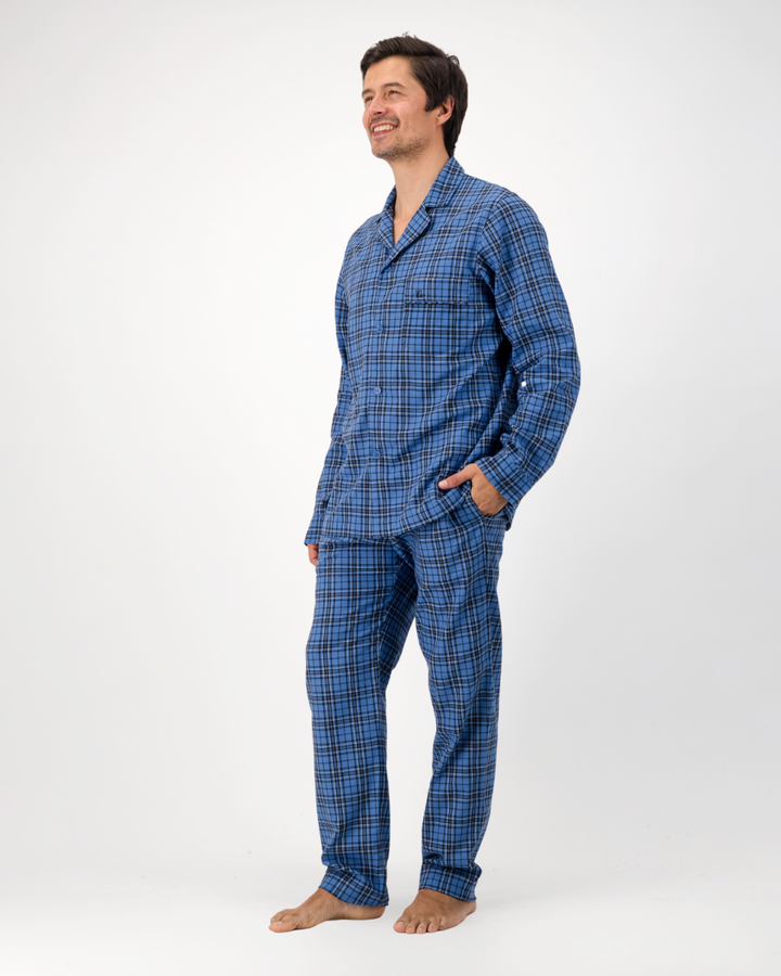 Mens Long Pyjamas - Camden Check on Blue