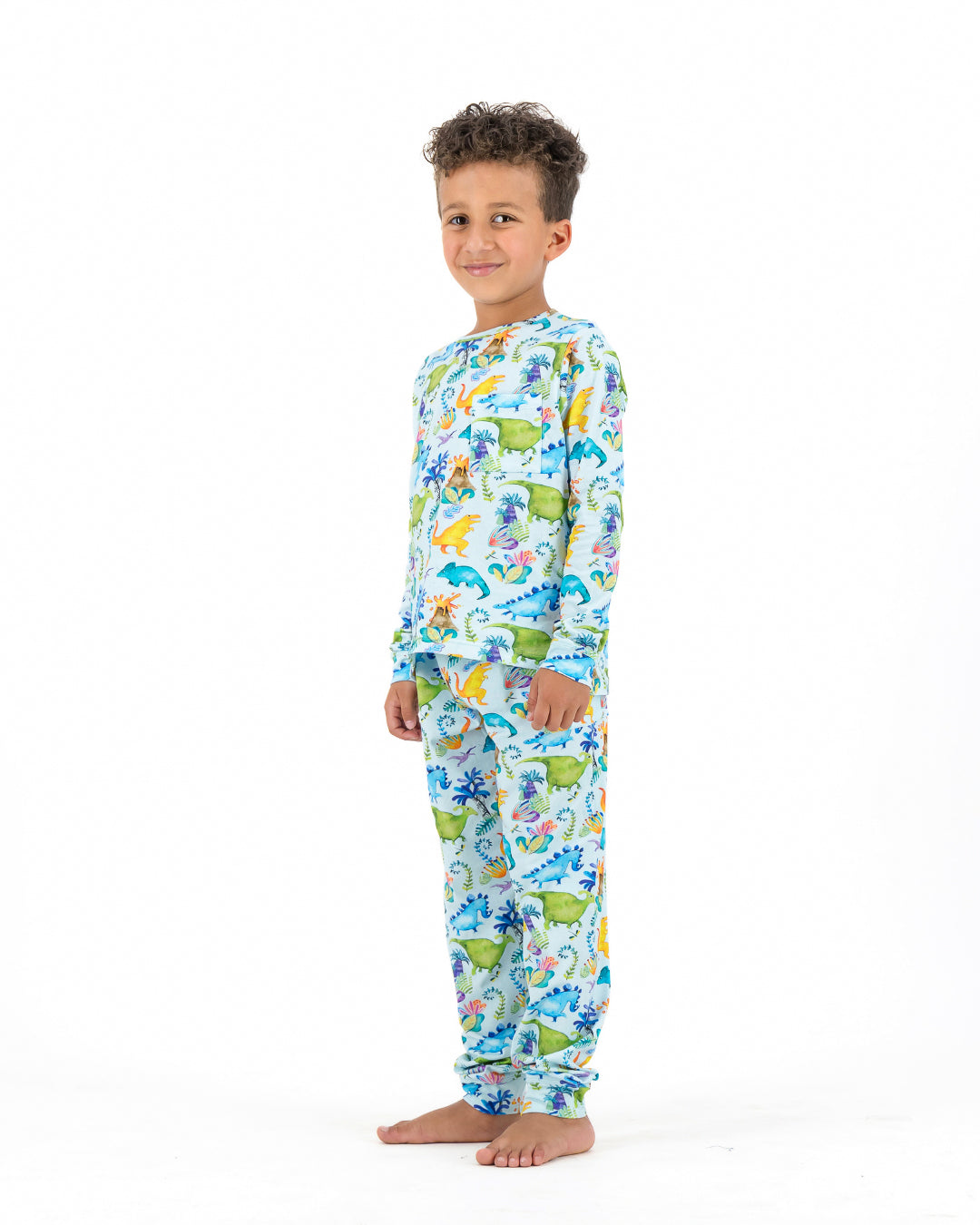 Kids Knitted Cotton Long Pyjamas - Dinosaurs on Blue
