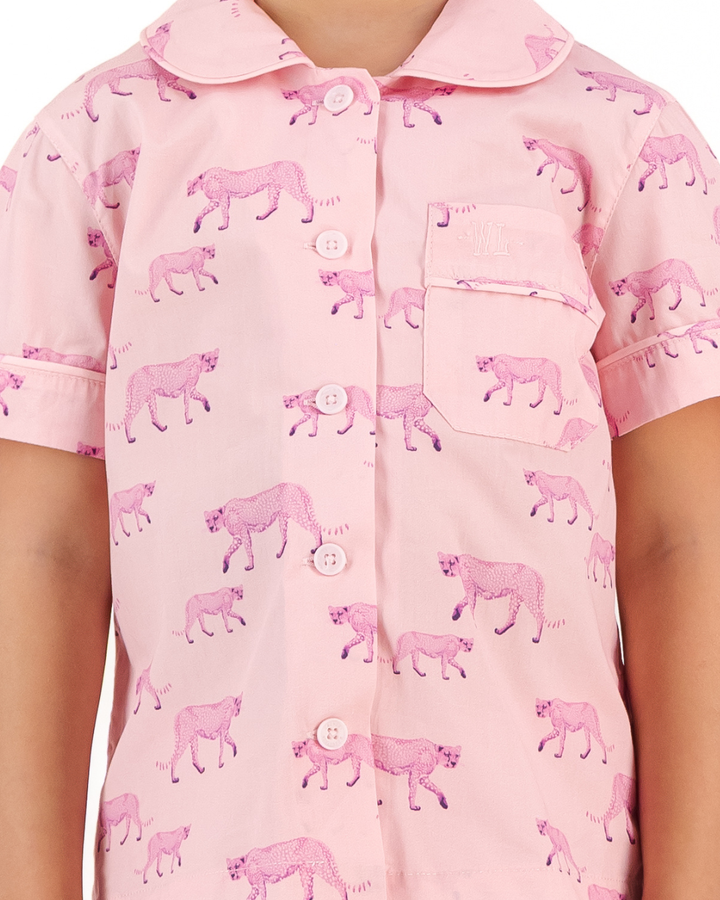 Girls Short Pyjamas - Pink Cheetahs on Pink