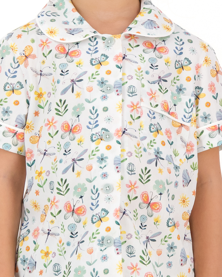 Girls Short Pyjamas - Butterfly and Dragonfly on White
