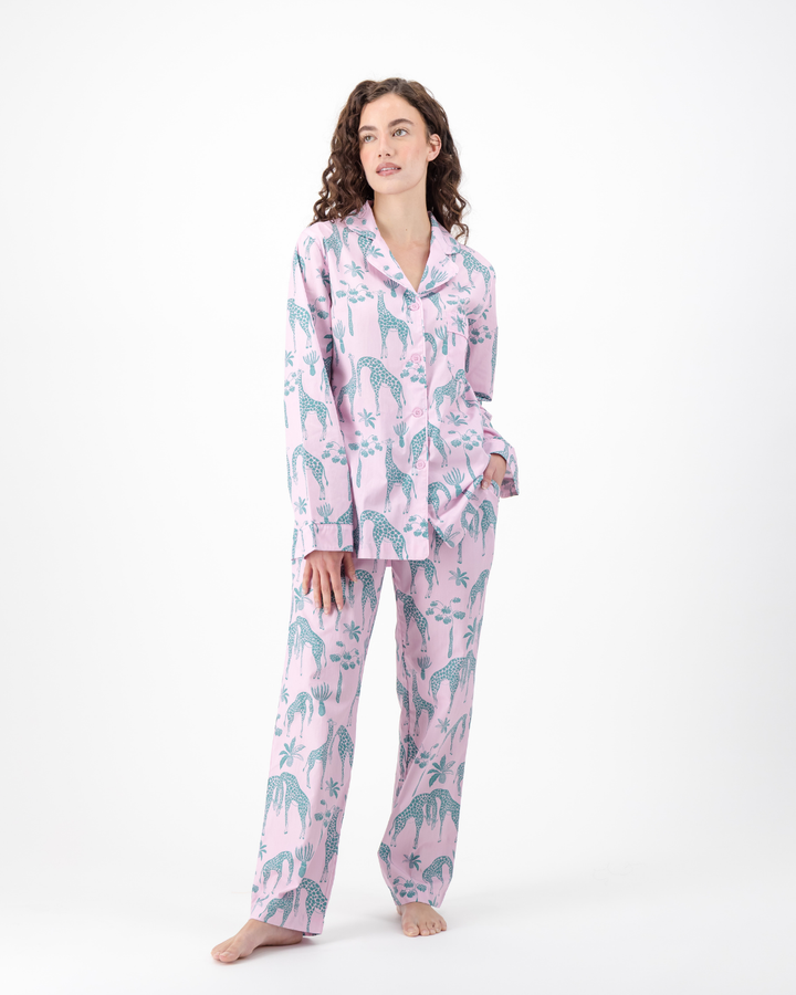 Womens Long Pyjamas - Green Giraffes on Pink