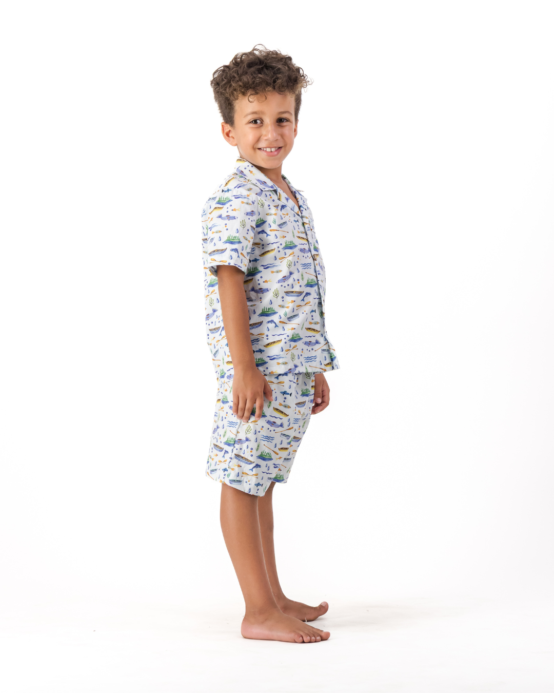 Boys Short Pyjamas - Boats and Fish on Light Blue
