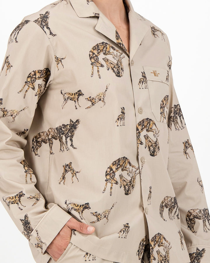 Mens Long Pyjamas - Wild Dogs on Beige
