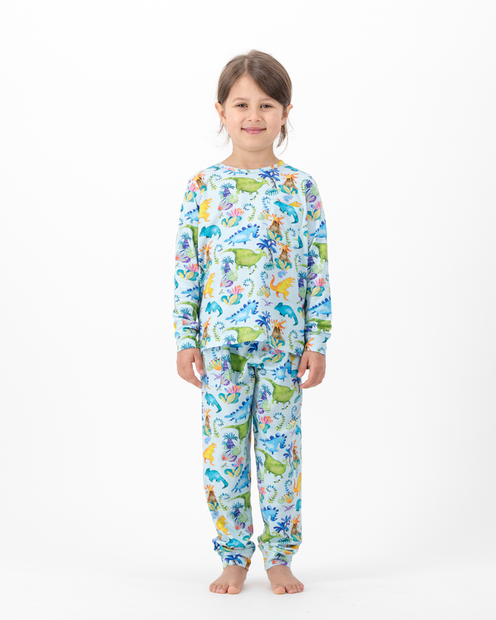 Kids Knitted Cotton Long Pyjama Set - Dinosaurs on Blue