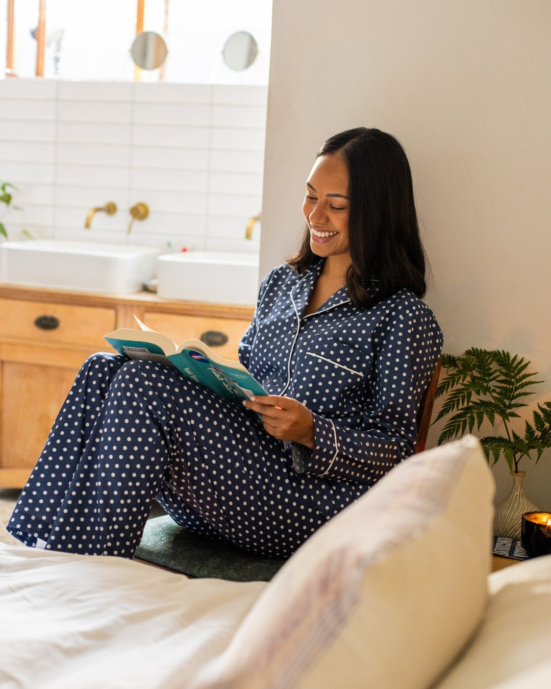 Womens Long Pyjama - White Polka Dot On Navy