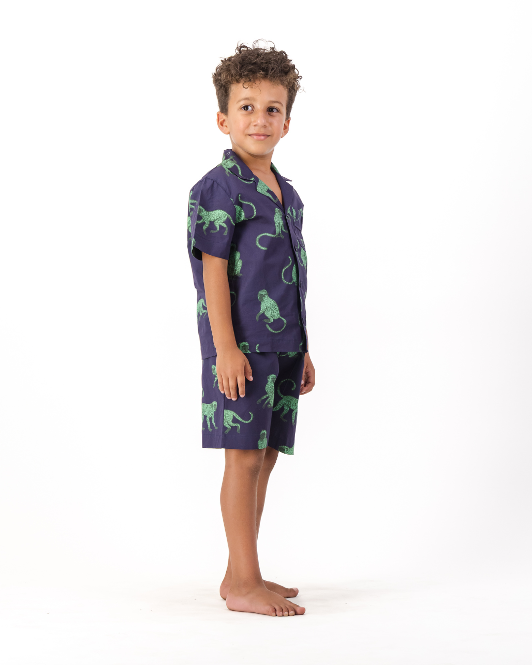 Boys Short Pyjamas - Green Monkey on Navy