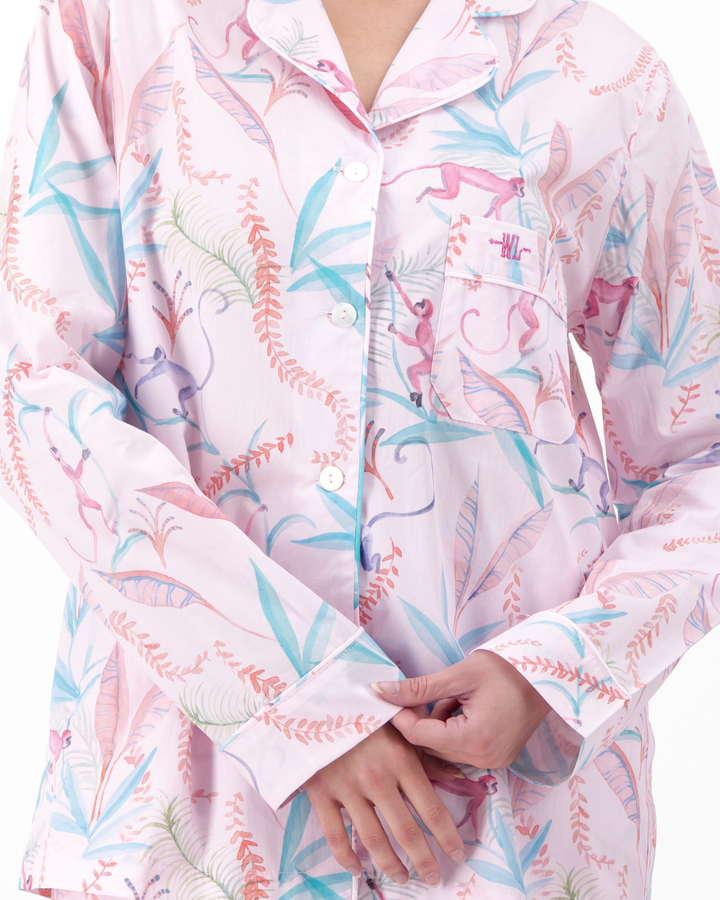 Womens Long Pyjamas - Monkeys on Pink