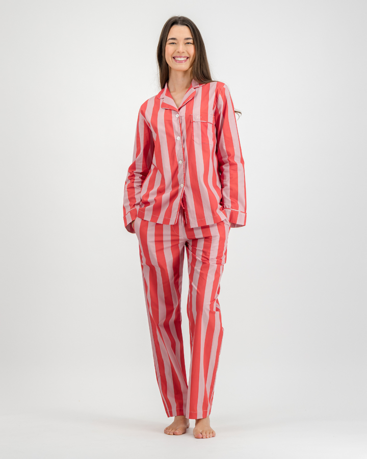 Womens Long Pyjamas - Pink Stripe on Red