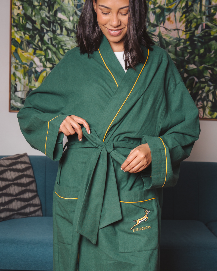 Womens Long Kimono Gown - Custom Springboks on Green