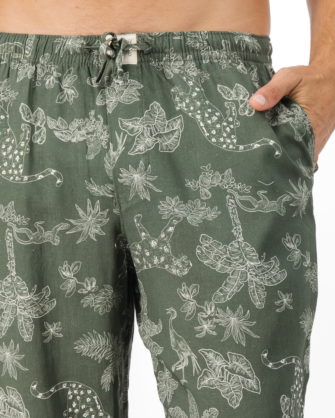 Mens Linen Lounge Pants - Tropical Leopard on Olive