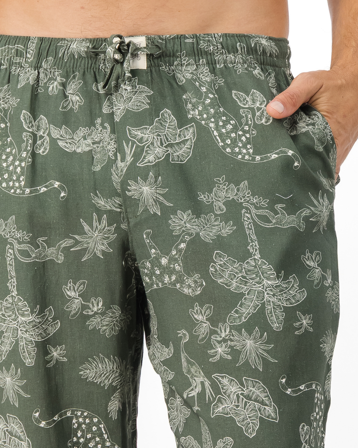 Mens Linen Lounge Pants - Tropical Leopard on Olive