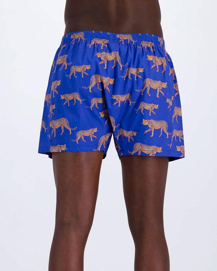 Mens Boxer Shorts Blue Cheetahs Back - Woodstock Laundry