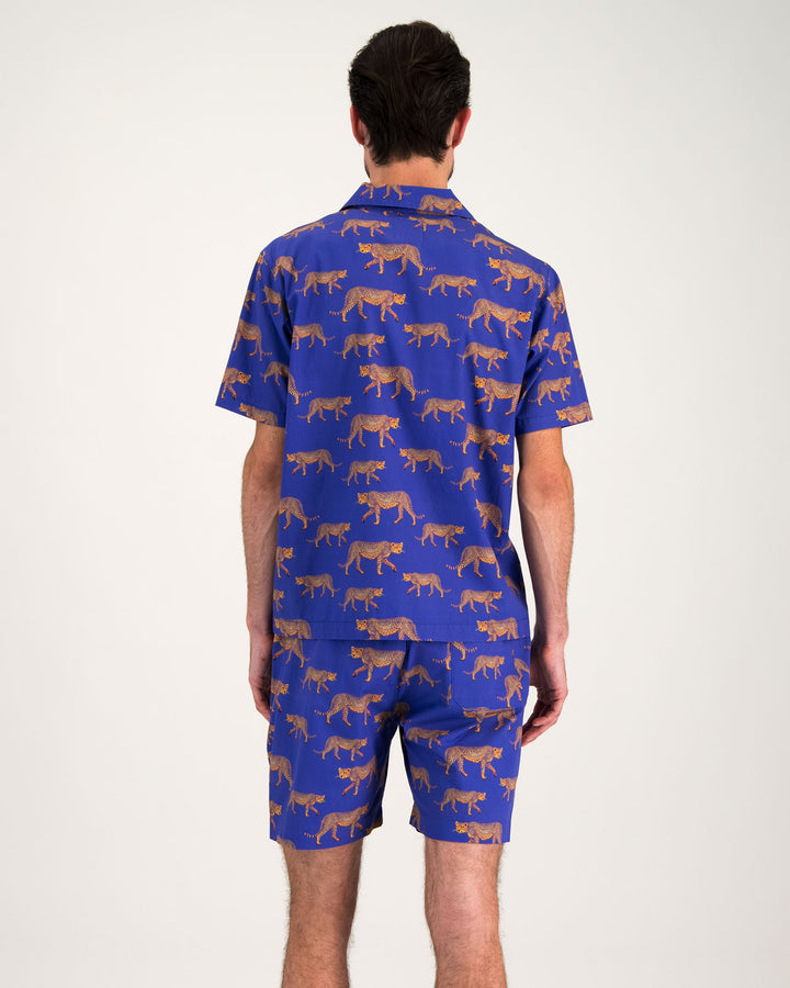 Mens Short Pyjamas Blue Cheetahs Back - Woodstock Laundry