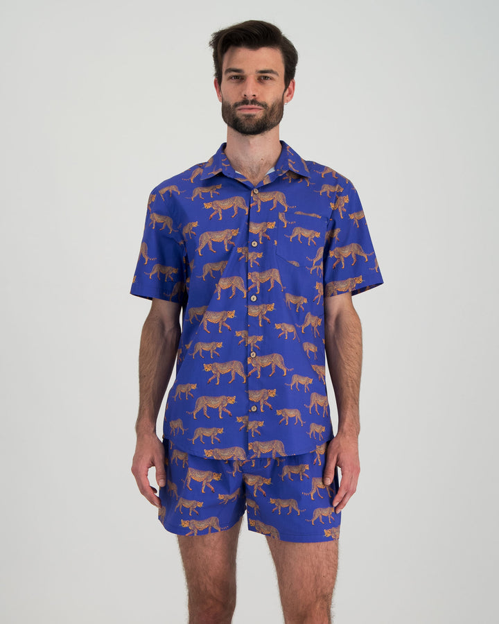 Mens Short Pyjamas Blue Cheetahs Front - Woodstock Laundry