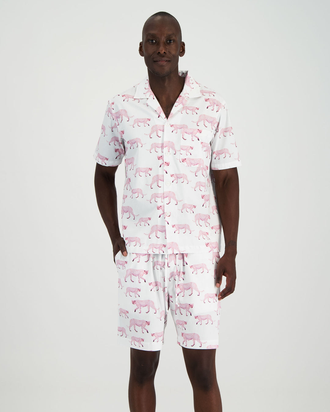 Mens Short Pyjamas Pink Cheetahs Front - Woodstock Laundry