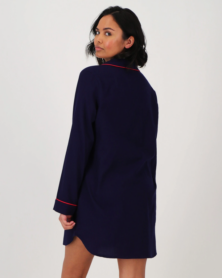 Womens Sleep Shirt - Flannel Navy - Red Piping