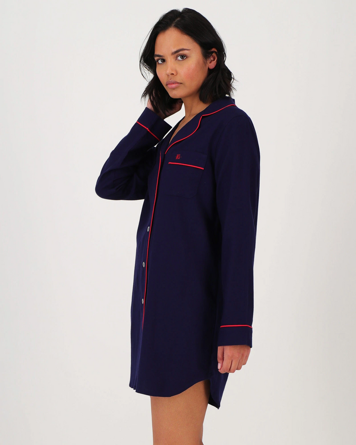 Womens Sleep Shirt - Flannel Navy - Red Piping