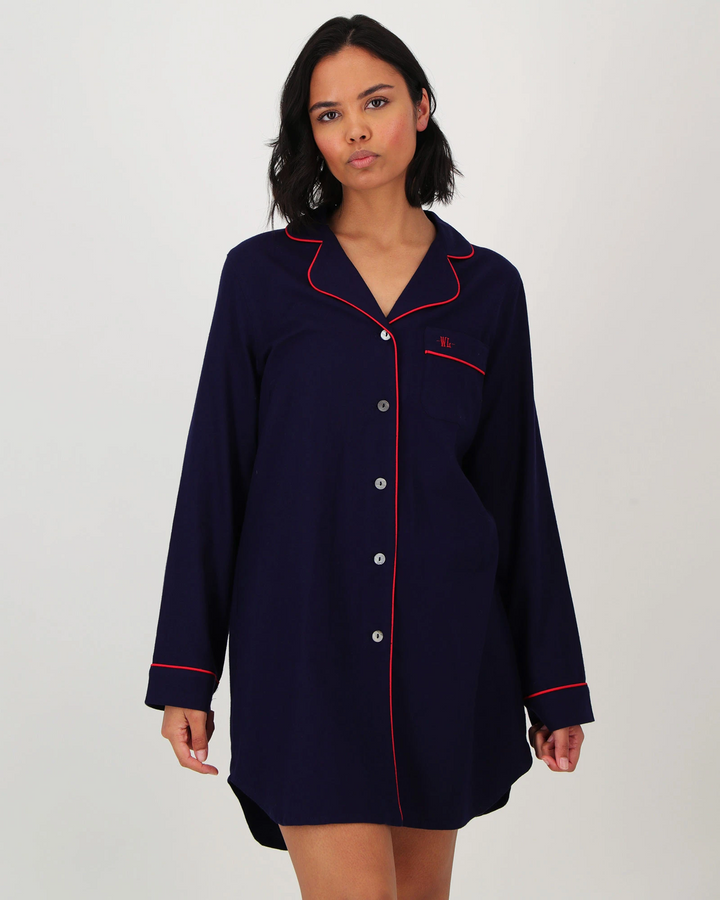 Womens Sleep Shirt - Flannel Navy - Red Piping
