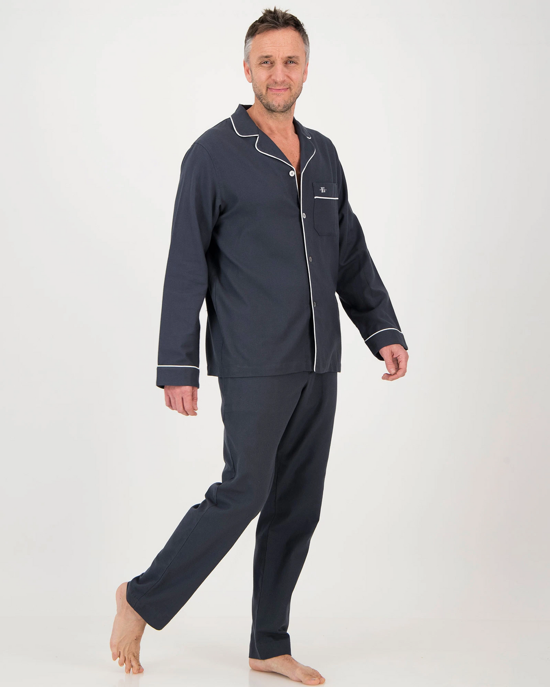 Mens Long Pyjamas - Flannel Charcoal with White Piping