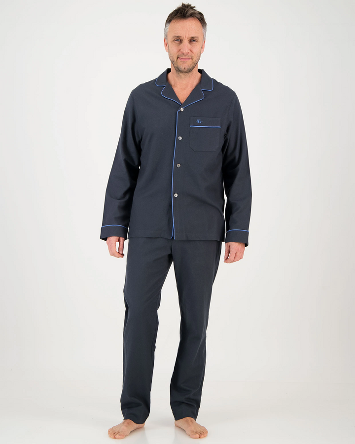 Mens Long Pyjamas Flannel Charcoal - Blue Piping
