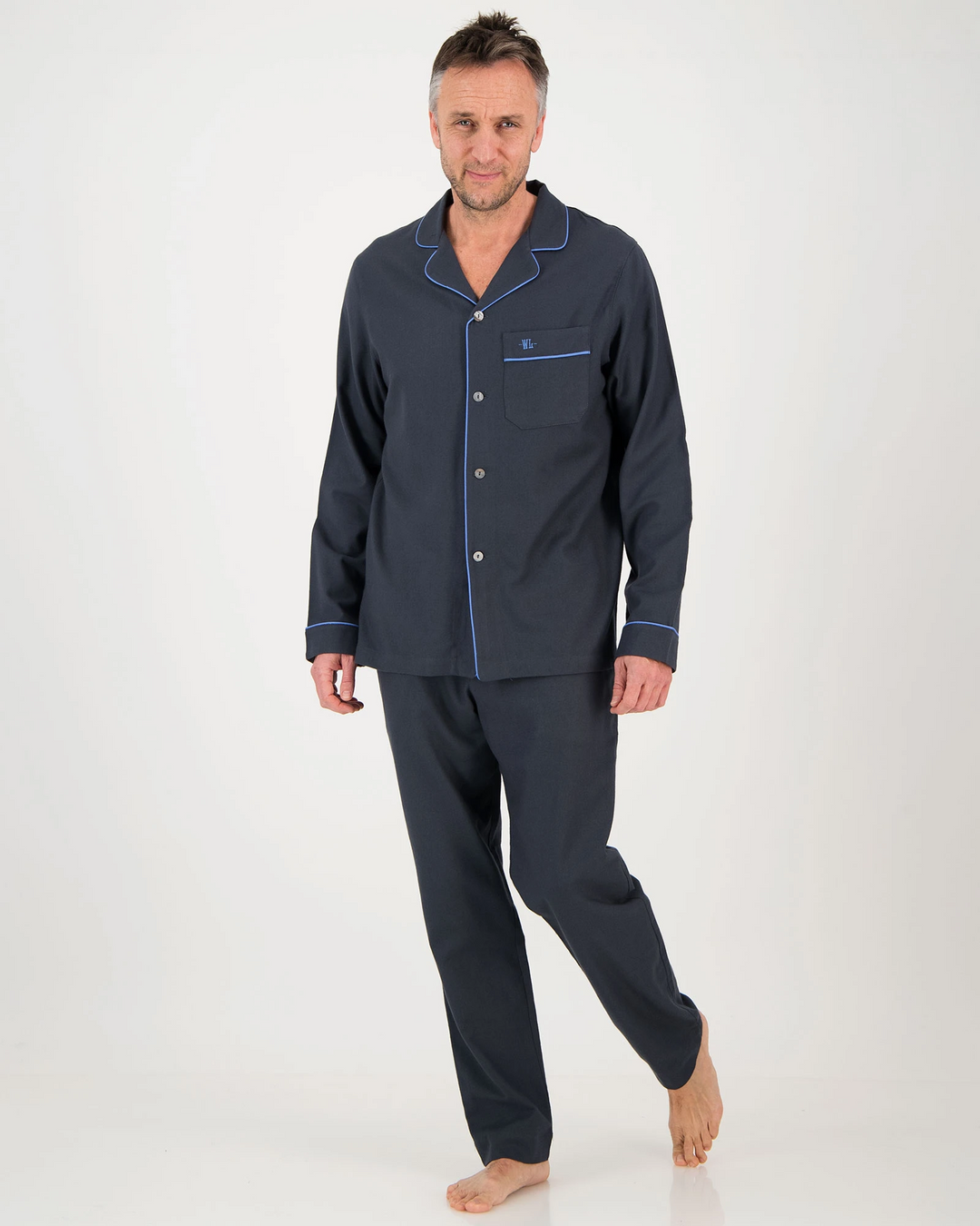 Mens Long Pyjamas Flannel Charcoal - Blue Piping
