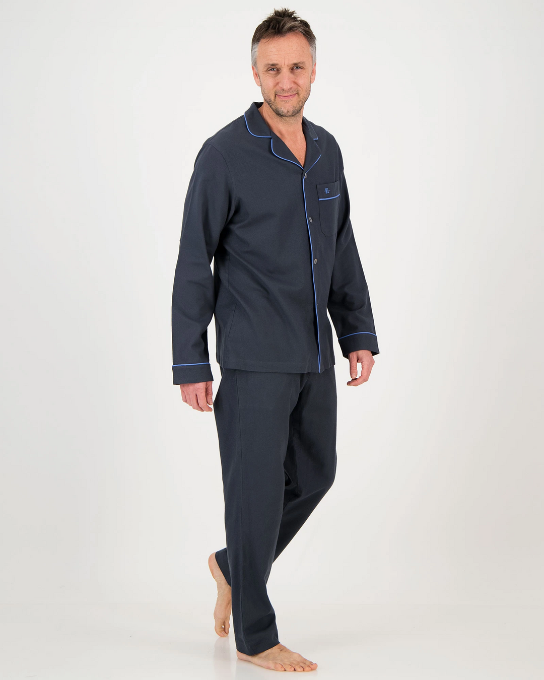 Mens Long Pyjamas Flannel Charcoal - Blue Piping