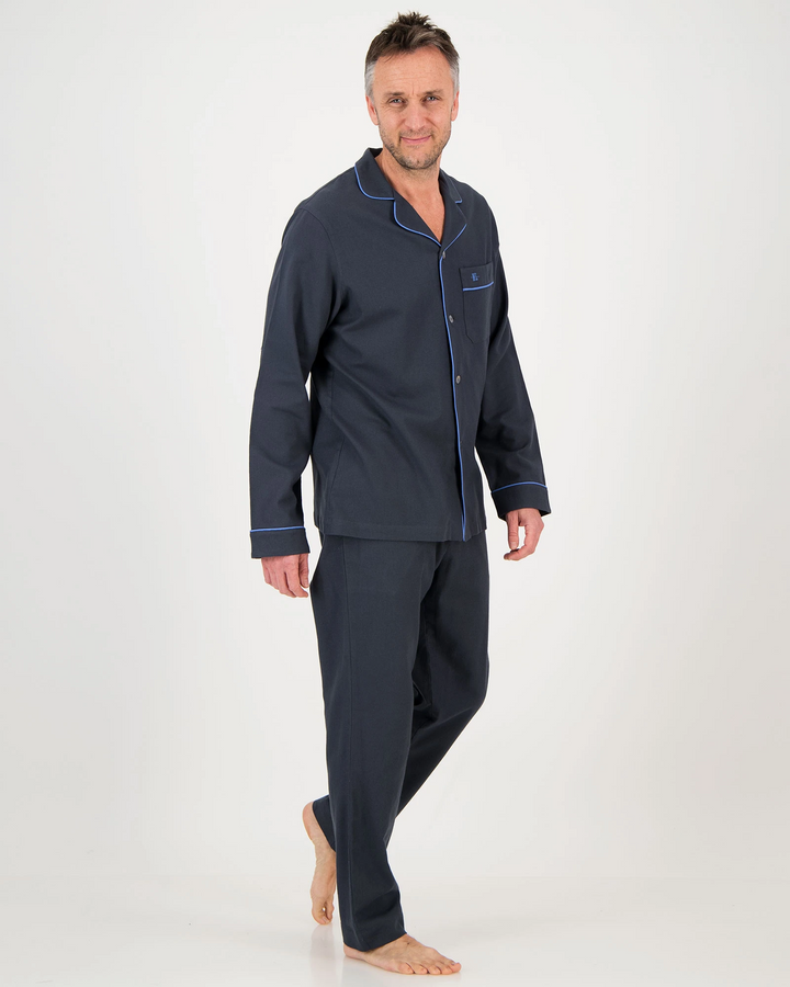 Mens Long Pyjamas Flannel Charcoal - Blue Piping