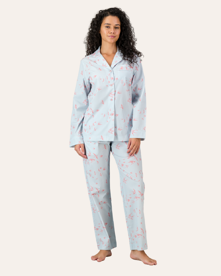 Womens Long Pyjamas - Pink Swallows on Pale Blue