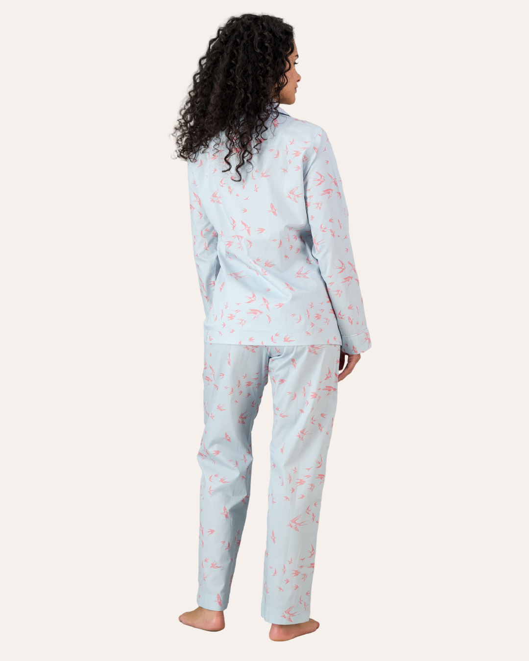 Womens Long Pyjamas - Pink Swallows on Pale Blue
