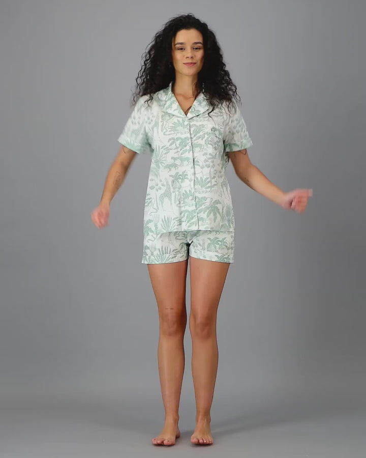 Womens Short Pyjamas - Sage Mono Safari on White Video - Woodstock Laundry