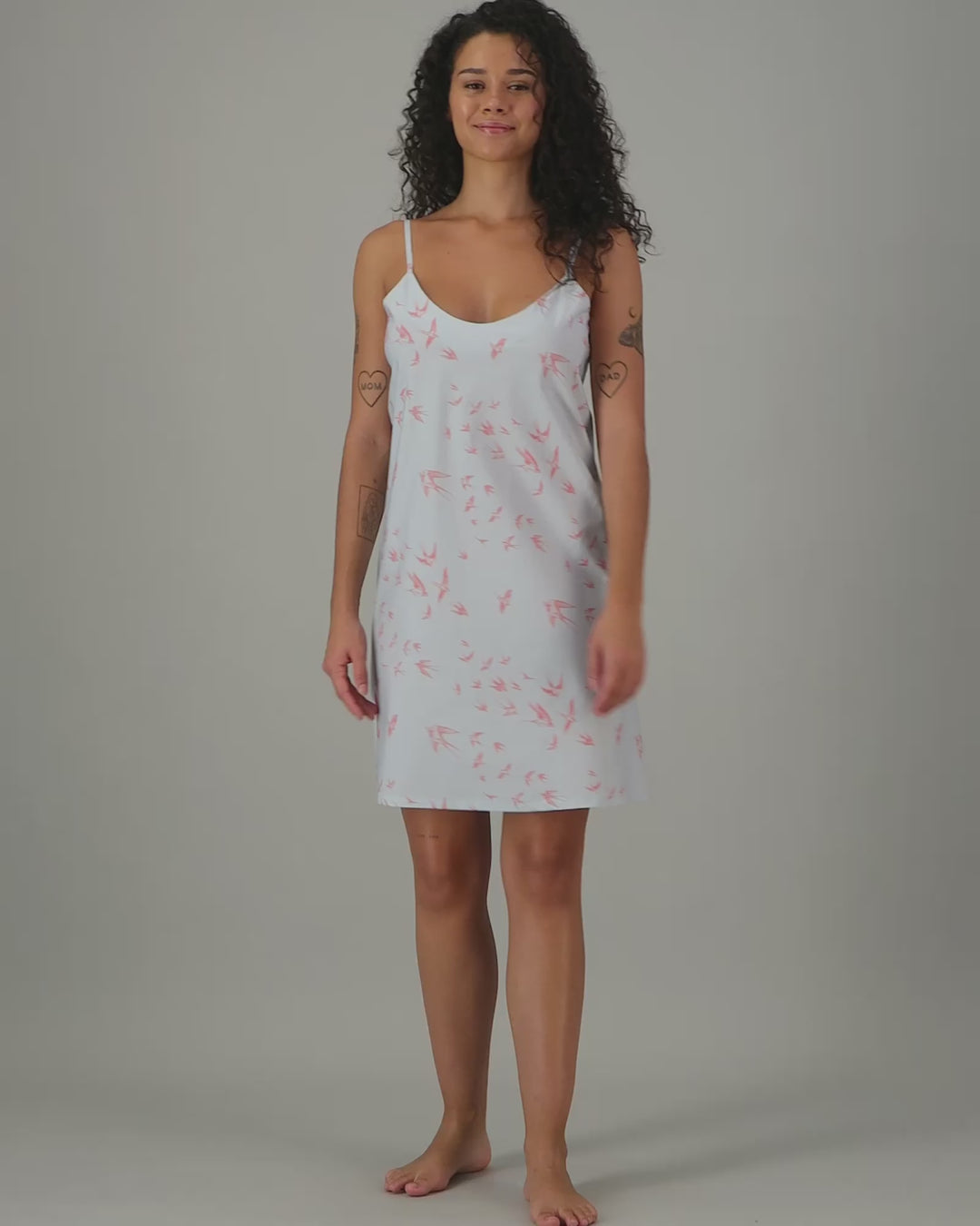 Womens Chemise Nighty - Pink Swallows on Pale Blue Video - Woodstock Laundry
