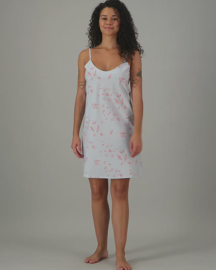 Womens Chemise Nighty - Pink Swallows on Pale Blue Video - Woodstock Laundry