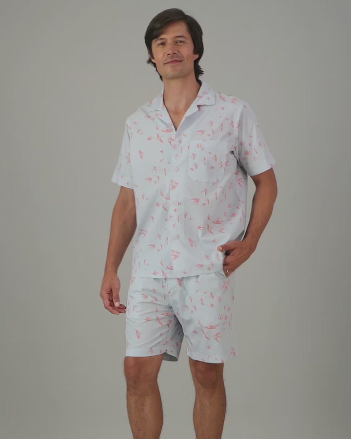 Mens Short Pyjamas - Pink Swallows Video - Woodstock Laundry