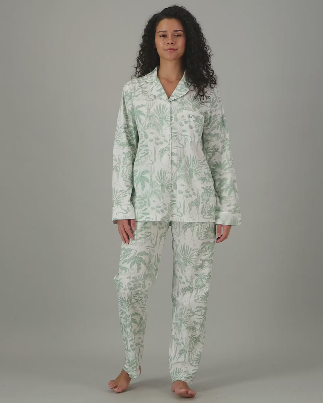 Womens Long Pyjamas - Sage Mono Safari on White Video - Woodstock Laundry