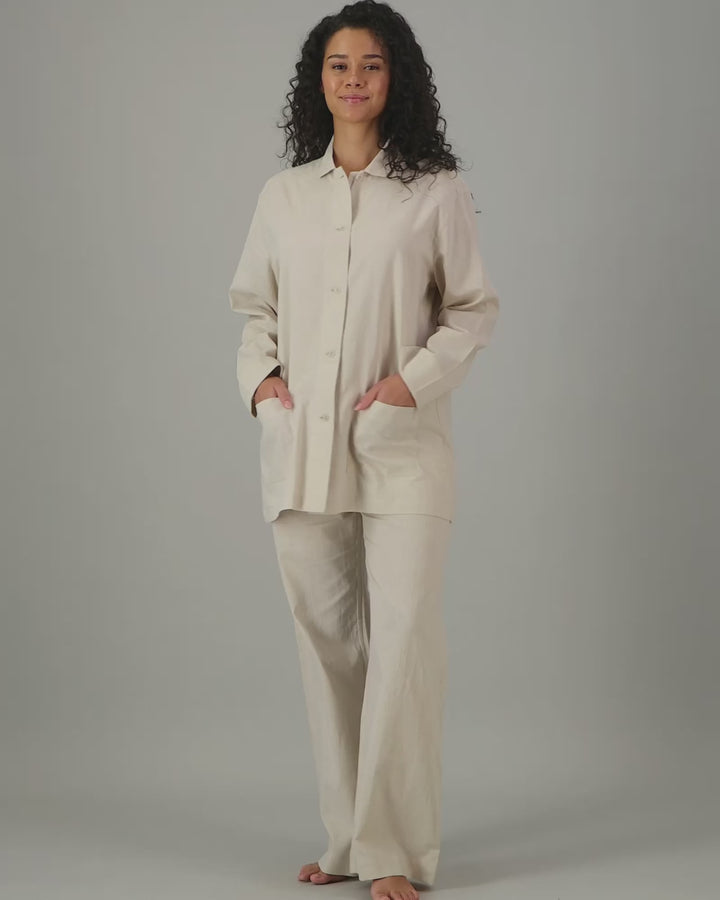 Womens Linen Shacket Sand Video - Woodstock Laundry