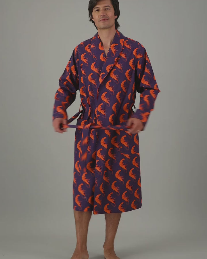 Mens Dressing Gown - Orange Ibiza Prawns Video - Woodstock Laundry