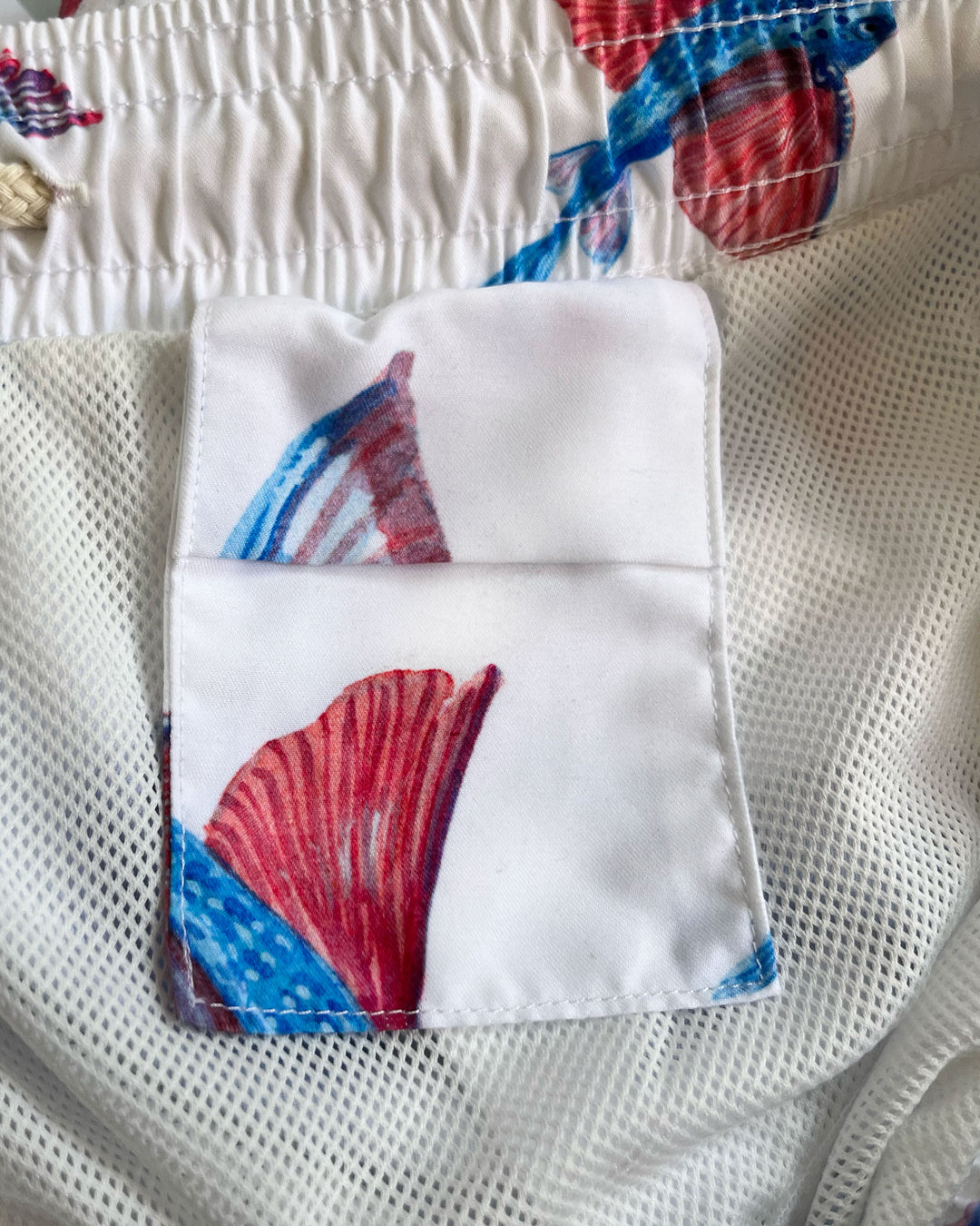 Mens Swim Shorts Fish White Pocket - Woodstock Laundry