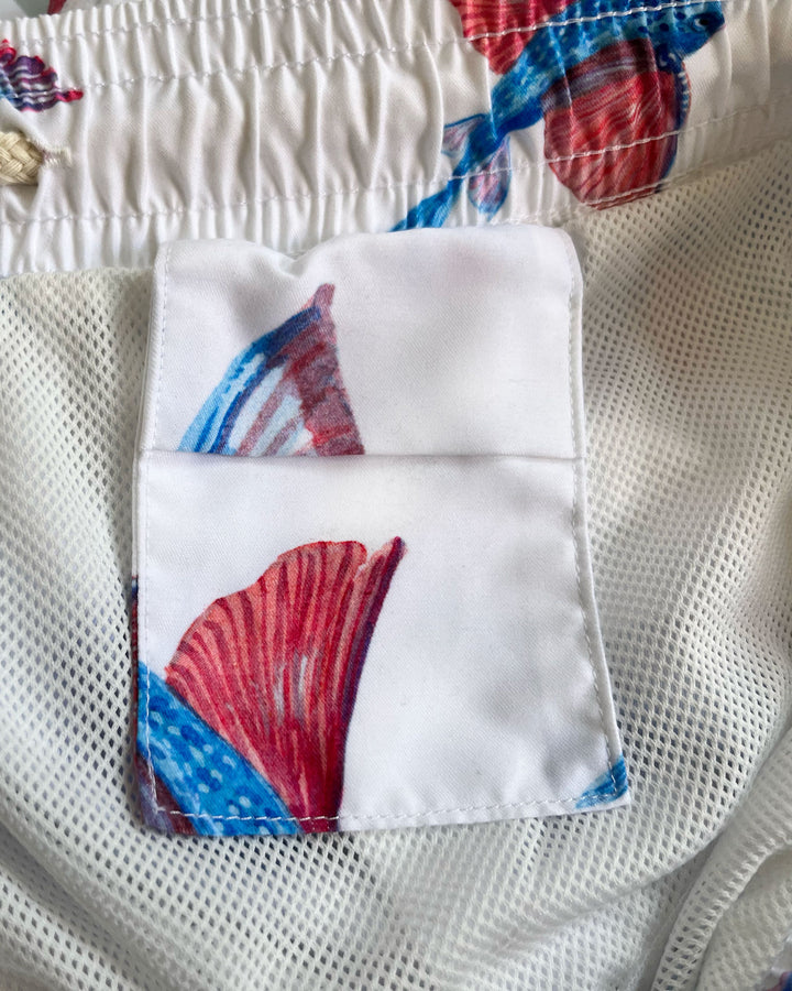 Mens Swim Shorts Fish White Pocket - Woodstock Laundry